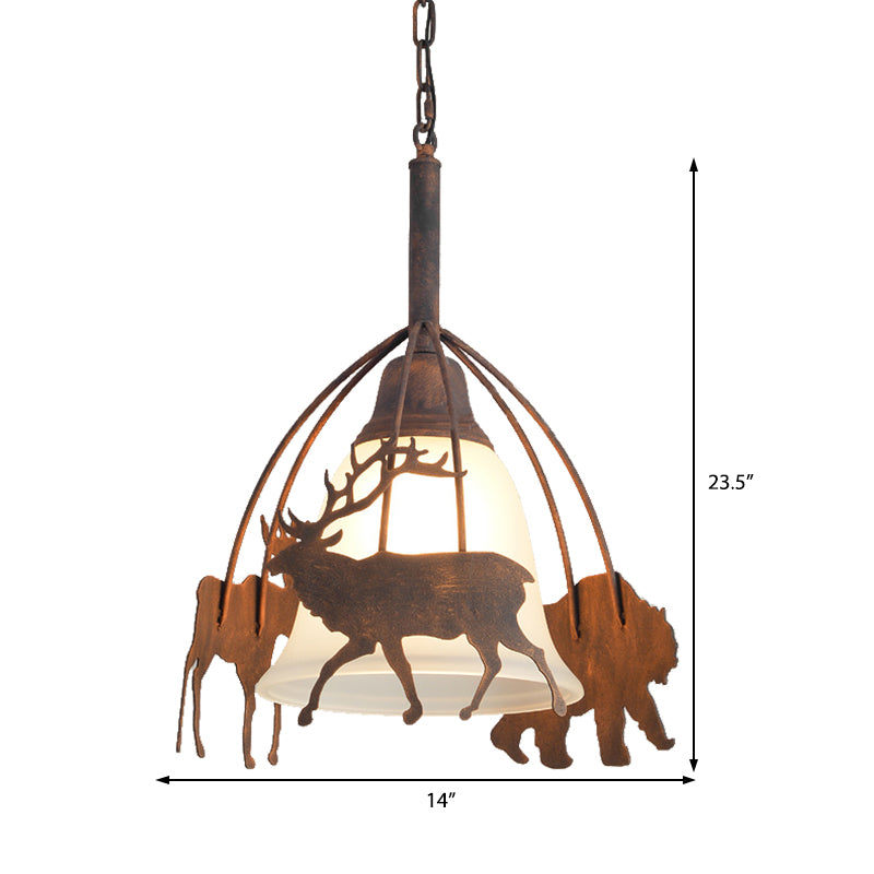 1 Light Bell Shade Ceiling Pendant Light Vintage Rust Opal Glass Hanging Lamp with Elk Cage