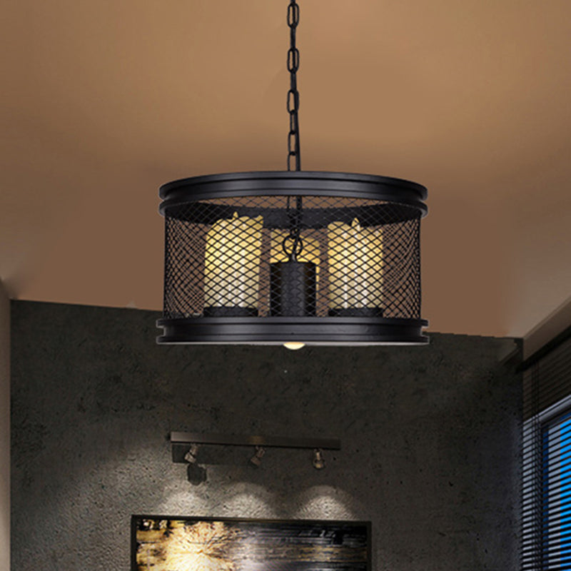 Schwarzer Drum Shade Kronleuchter Industrial Metall und Harz 3-Licht Wohnzimmer Anhänger Beleuchtung mit Käfig