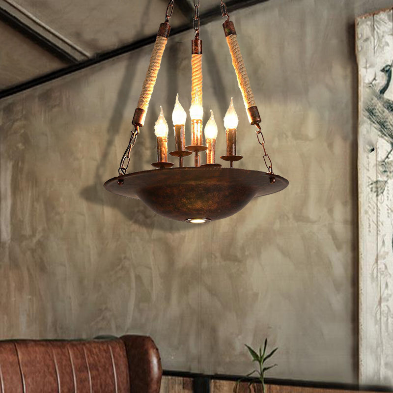 5-Light Metal Hanging Chandelier Industrial Rust Candle Dining Room Pendant Light Fixture with Rope Chain