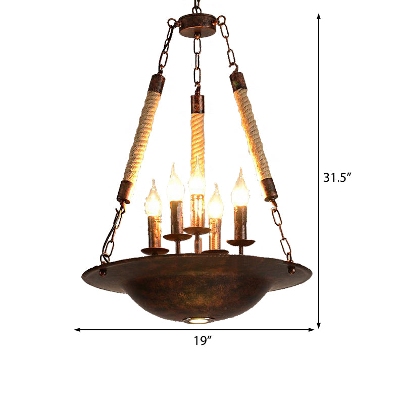 5-Light Metal Hanging Chandelier Industrial Rust Candle Dining Room Pendant Light Fixture with Rope Chain