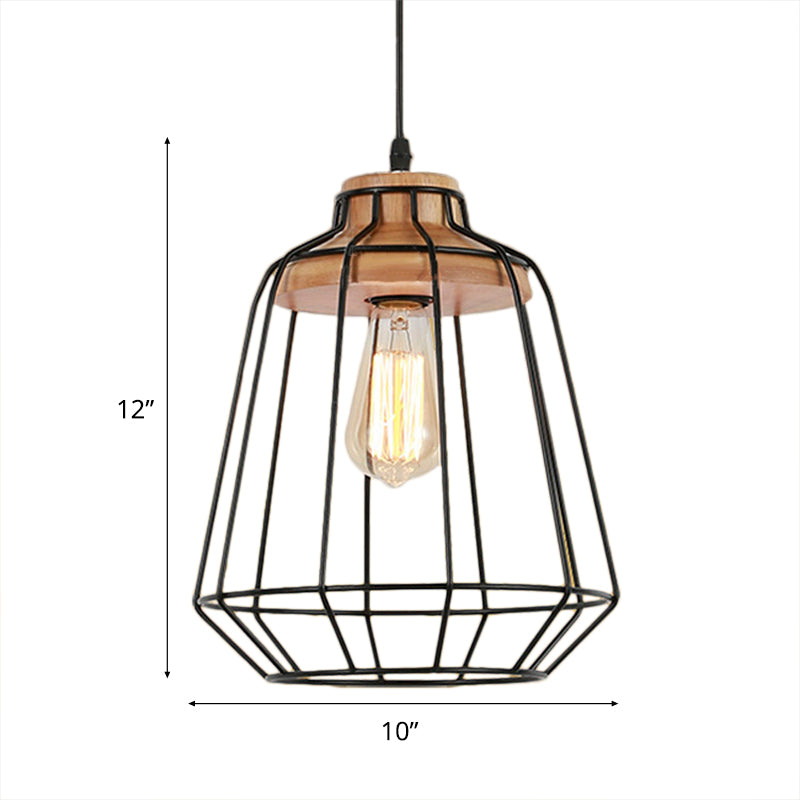 1 Head Hanging Pendant Light with Barrel/Cylinder Cage Shade Metal Retro Style Bedroom Hanging Lamp in Black