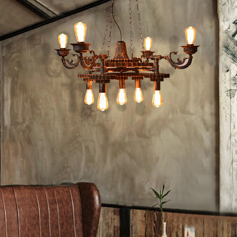 9 Lights Ceiling Light Vintage Exposed Bulb Metal Hanging Chandelier in Bronze for Dining Room with Gear