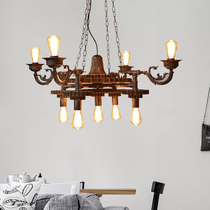 9 Lights Ceiling Light Vintage Exposed Bulb Metal Hanging Chandelier in Bronze for Dining Room with Gear