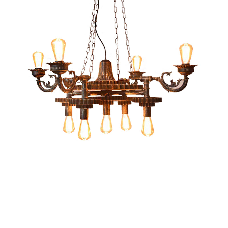 9 Lights Ceiling Light Vintage Exposed Bulb Metal Hanging Chandelier in Bronze for Dining Room with Gear