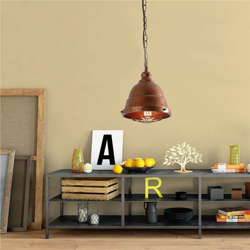 Metal Caged Hanging Ceiling Light Vintage 1 Light Dining Room Pendant Lamp in Rust