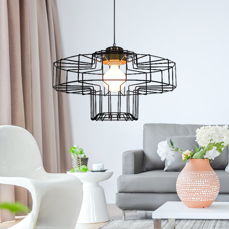 1 Head Hanging Pendant Light with Barrel/Cylinder Cage Shade Metal Retro Style Bedroom Hanging Lamp in Black