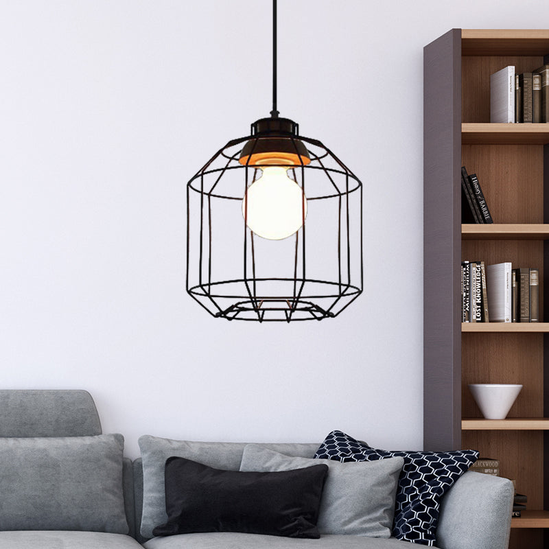 1 Head Hanging Pendant Light with Barrel/Cylinder Cage Shade Metal Retro Style Bedroom Hanging Lamp in Black