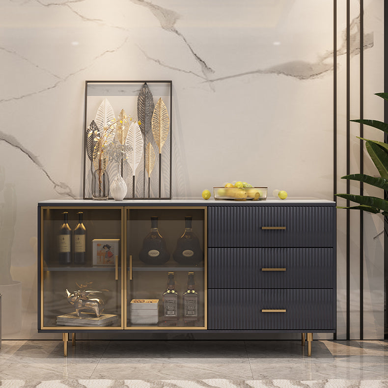 Glam Style Sideboard Stone Dining Room Sideboard with Glass Doors