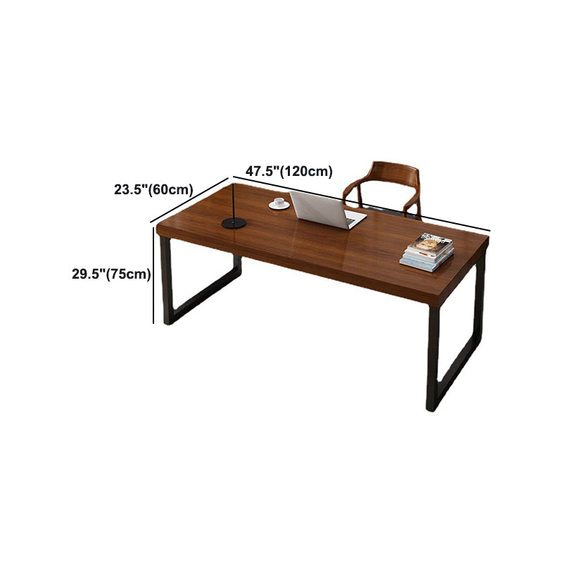 Brown Pine Wood Top Writing Desk Rectangular Black Iron Sled Base Desk