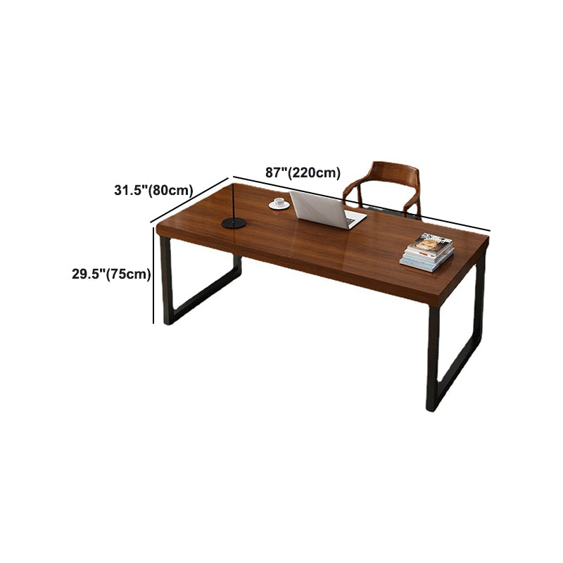 Brown Pine Wood Top Writing Desk Rectangular Black Iron Sled Base Desk