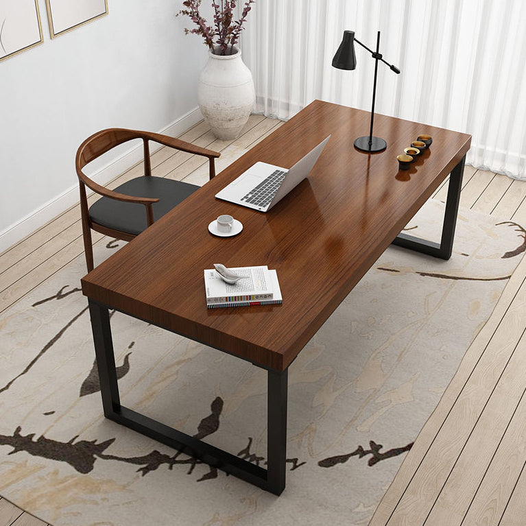 Rectangular Contemporary Writing Desk Pine Wood Top Black Sled Base Desk