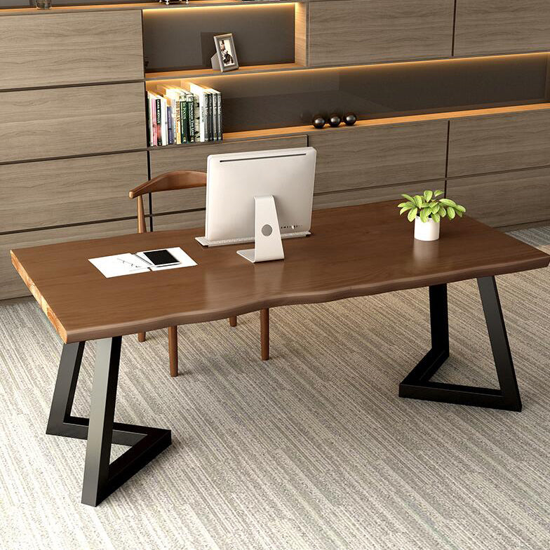 Solid Wood Top Writing Desk Modern Rectangular Black Iron Base Desk