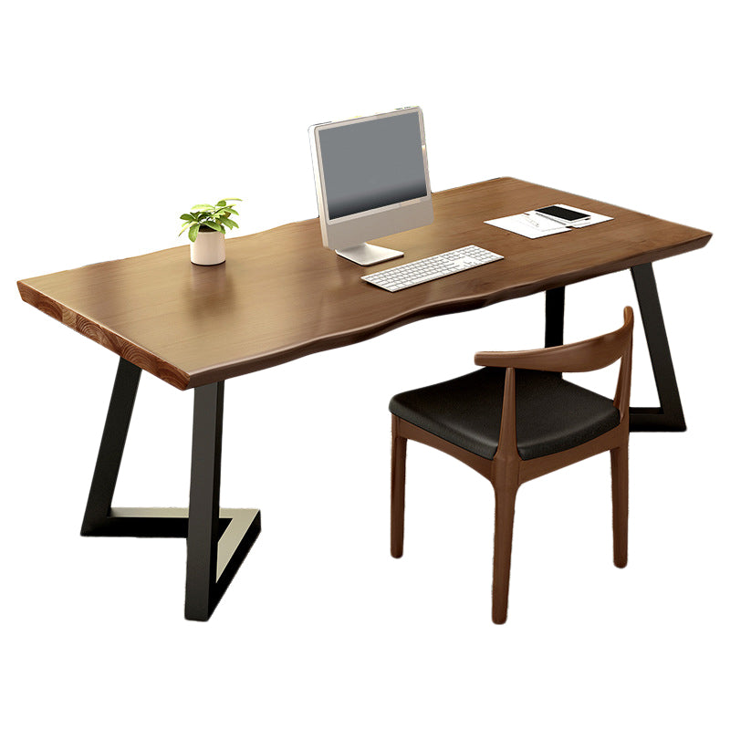 Solid Wood Top Writing Desk Modern Rectangular Black Iron Base Desk