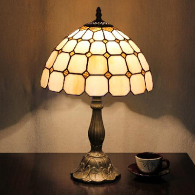 12"/8" Wide Lattice Bowl Office Desk Light with Bead Glass Single Light Tiffany Desk Lamp in White for Hotel