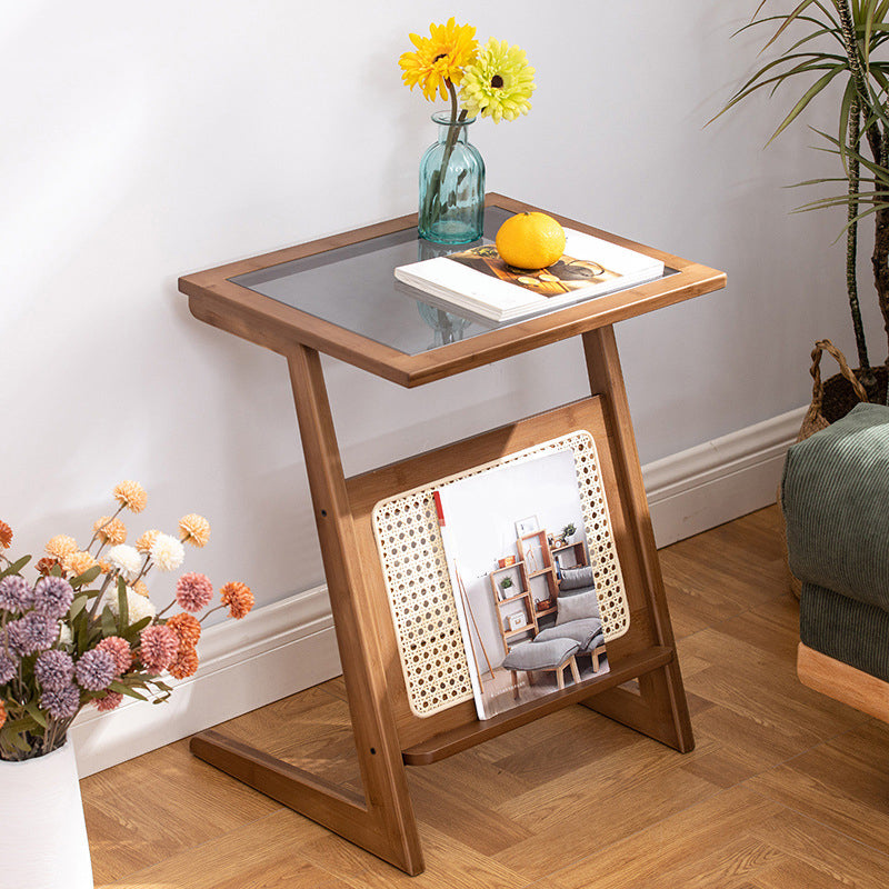 Contemporary Bamboo and Glass Bed Nightstand in Natural Oak/Walnut