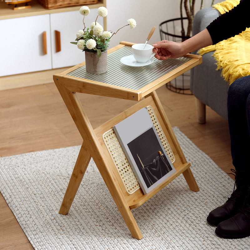 Contemporary Bamboo and Glass Bed Nightstand in Natural Oak/Walnut