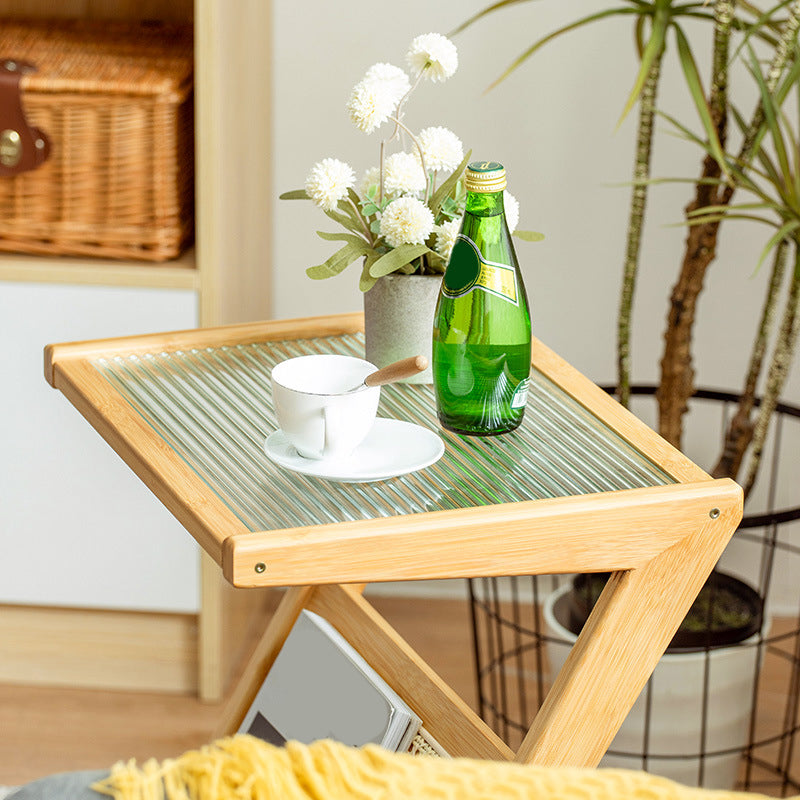 Contemporary Bamboo and Glass Bed Nightstand in Natural Oak/Walnut