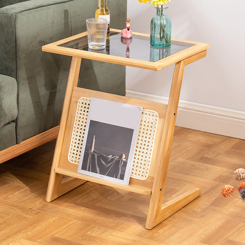 Contemporary Bamboo and Glass Bed Nightstand in Natural Oak/Walnut