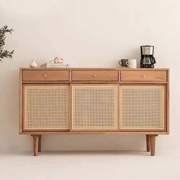 Contemporary Sideboard Rattan Doors Pine Frame Cupboard for Living Room