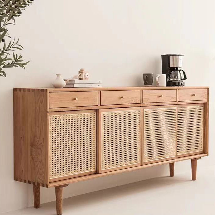 Contemporary Sideboard Rattan Doors Pine Frame Cupboard for Living Room