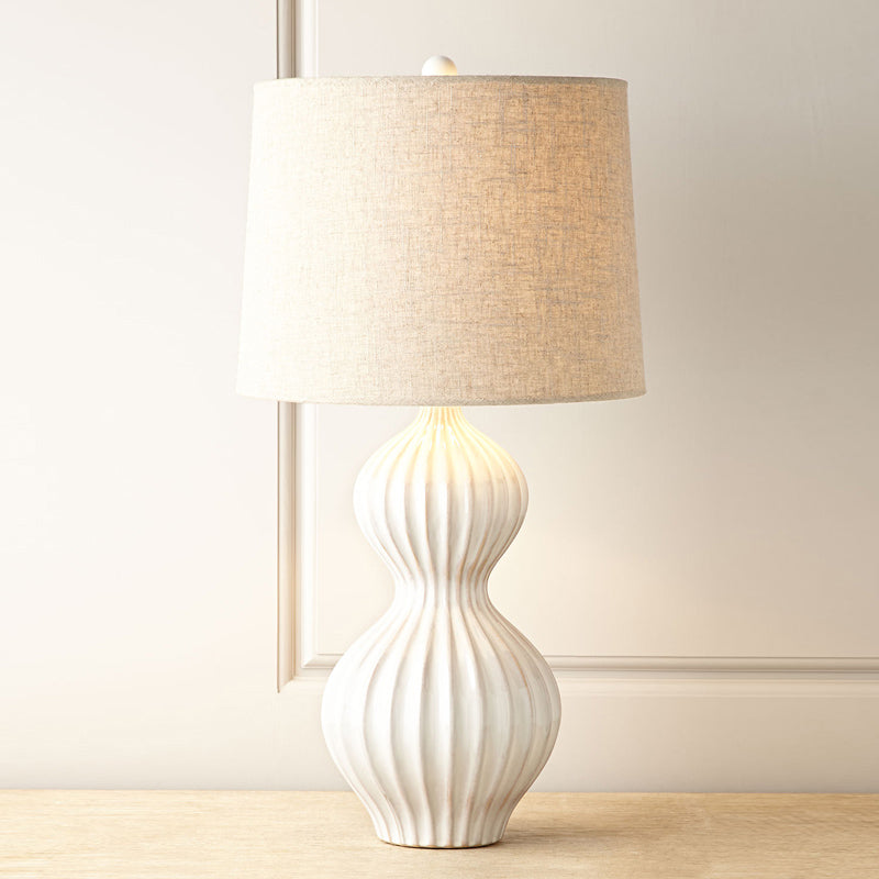 Nordic Shaded Table Light Fabric 1 Bulb Task Lighting in White with Gourd Ceramic Base