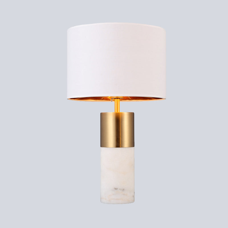 1 Head Cylindrical Desk Lamp Modern Fabric Table Light in White with Marble Base