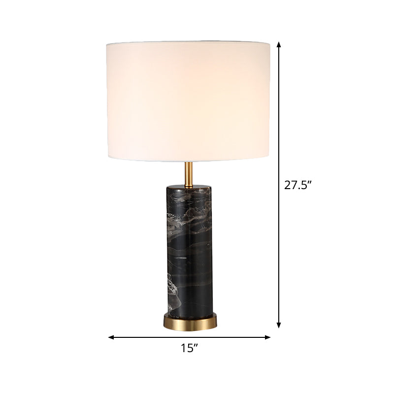 White Cylinder Task Light Nordic 1 Bulb Fabric Night Table Lamp with Black Marble Base