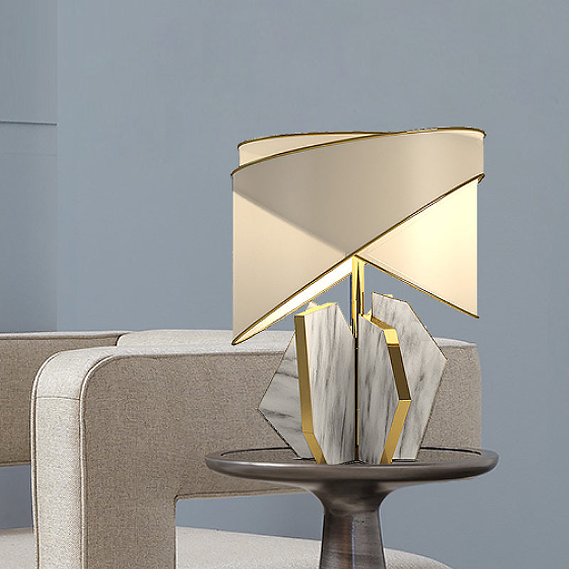 Fabric Shaded Table Lamp Modernist 1 Bulb Gold Desk Light with Gray Geometric Marble Base