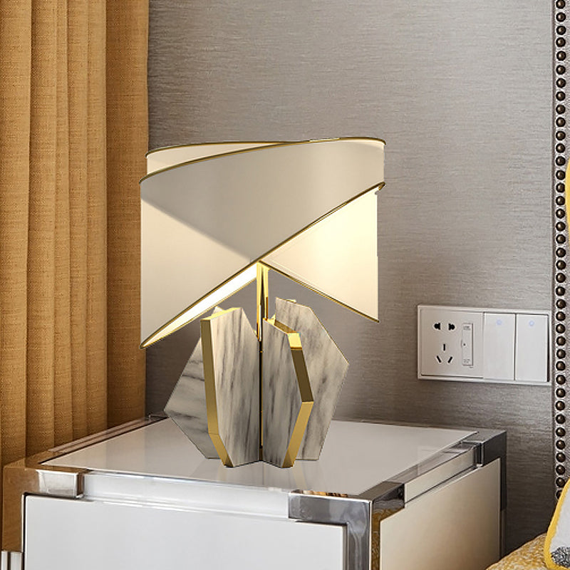 Fabric Shaded Table Lamp Modernist 1 Bulb Gold Desk Light with Gray Geometric Marble Base