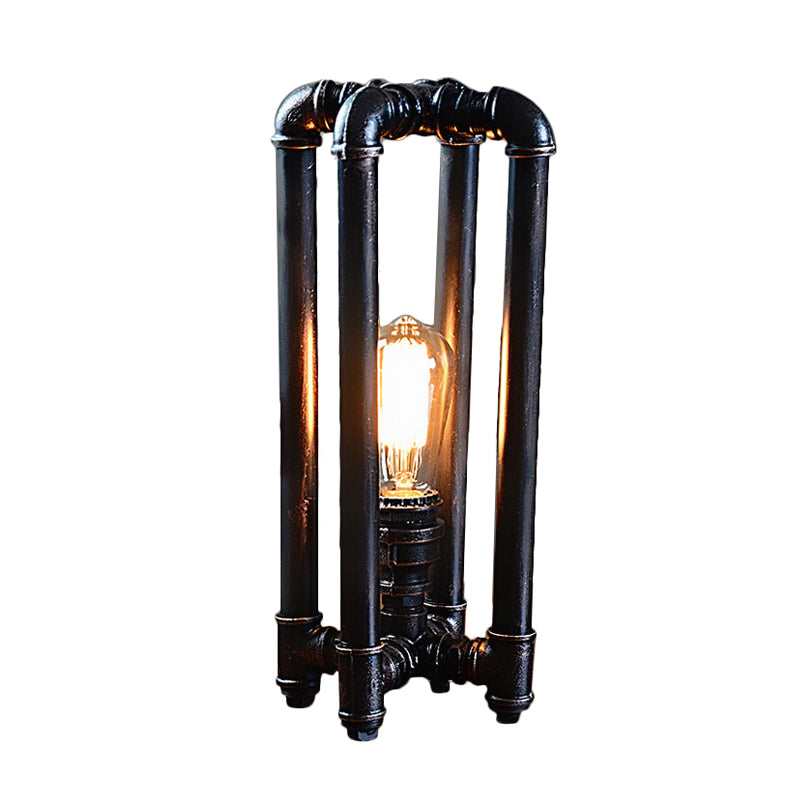 Iron Black Plug In Table Light Piping 1 Light Rustic Nightstand Lamp with Rectangle Cage Design