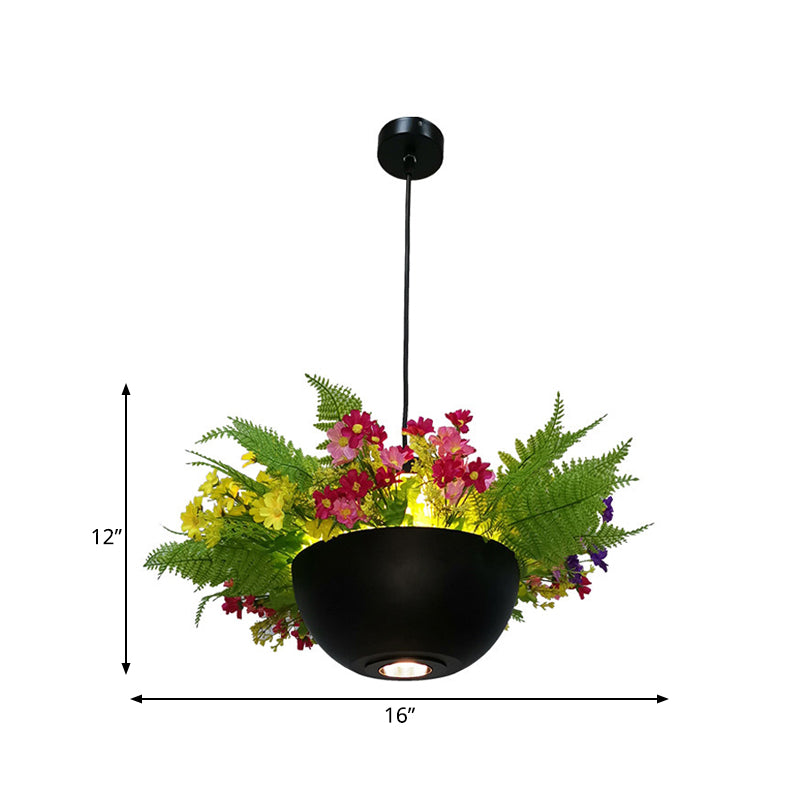 Metal Black Drop Lamp Bowl 1 Bulb Retro LED Plant Hanging Pendant Light for Restaurant