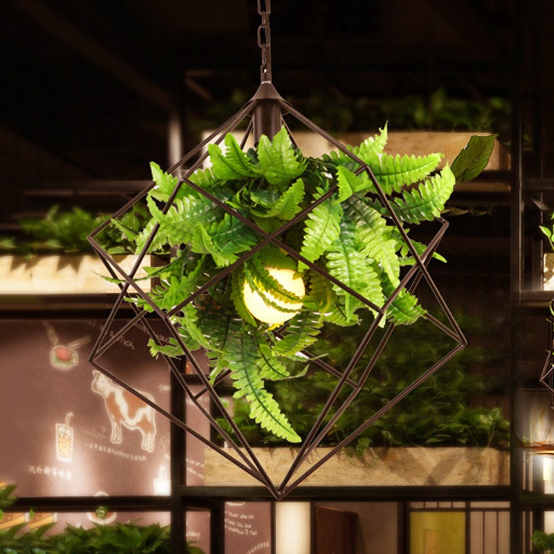 16.5 "/19.5" W 1 kop metalen hanger lamp Antiek zwart geometrisch restaurant Led naar beneden verlichting met plant