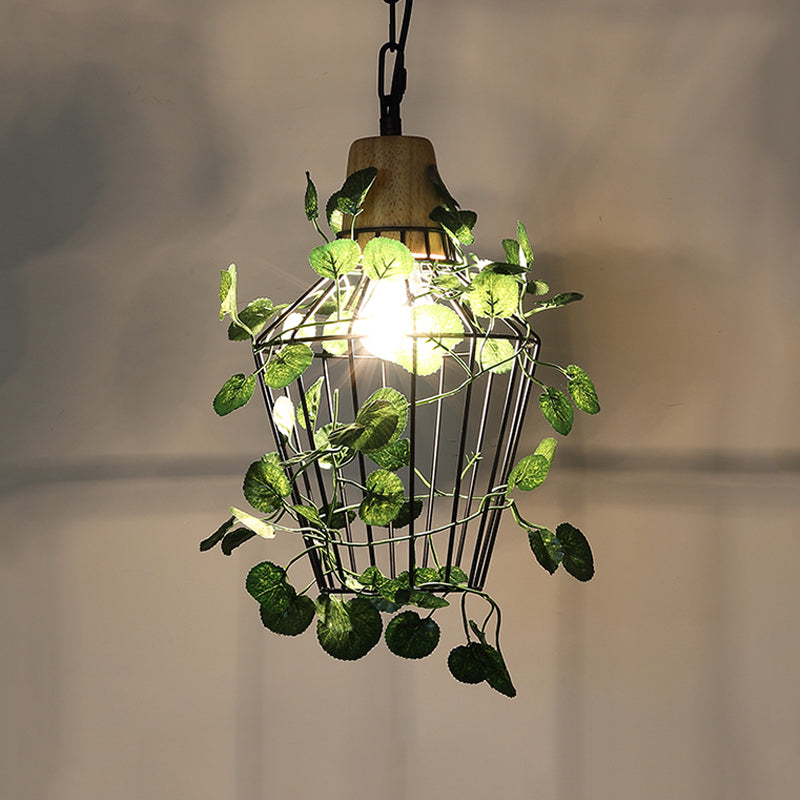 1 Bulb Cage Hanging Pendant Vintage Black Metal LED Plant Ceiling Hang Fixture for Restaurant