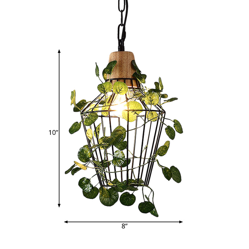 1 Bulb Cage Hanging Pendant Vintage Black Metal LED Plant Ceiling Hang Fixture for Restaurant