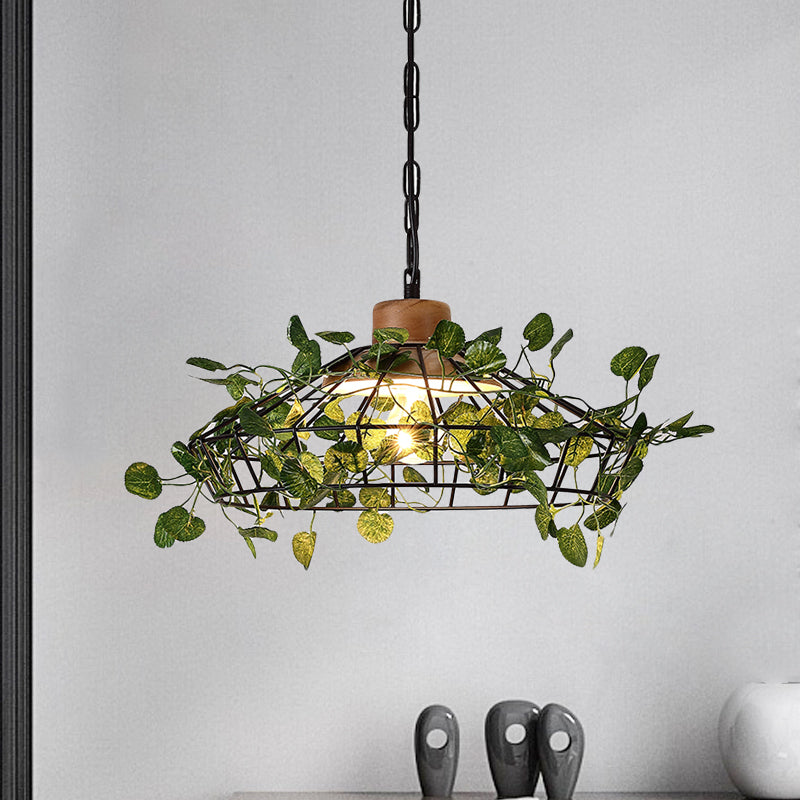 1 Bulb Cage Hanging Pendant Vintage Black Metal LED Plant Ceiling Hang Fixture for Restaurant