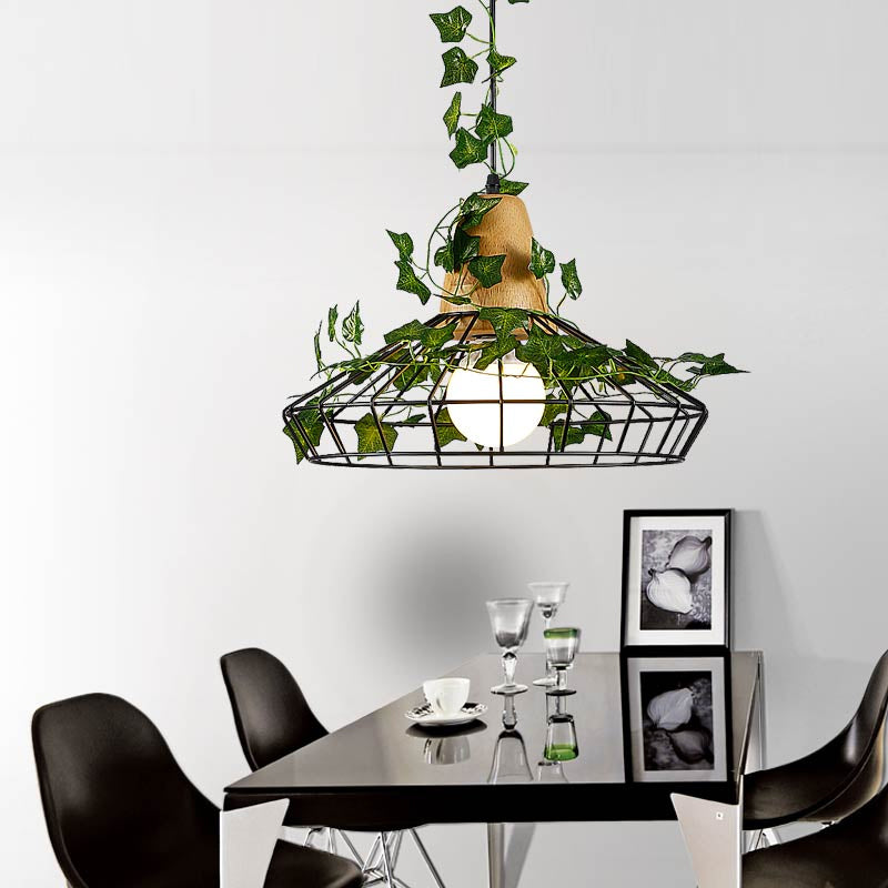 Black 1 Head Hanging Pendant Antique Metal Barn LED Drop Lamp with Plant for Restaurant