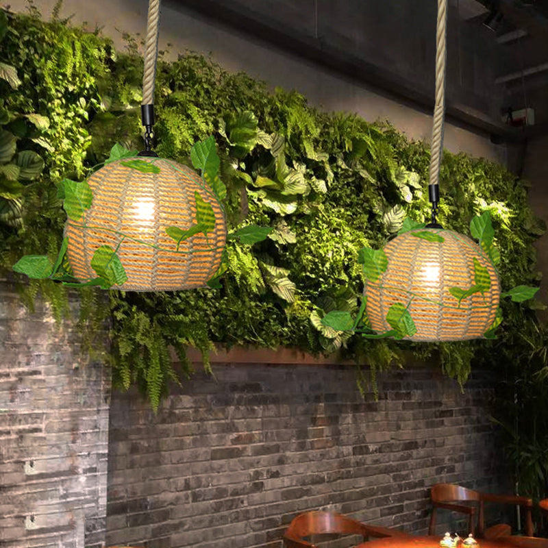 1 Bulb Dome Pendant Light Vintage Beige Hemp Rope LED Plant Hanging Lamp for Restaurant