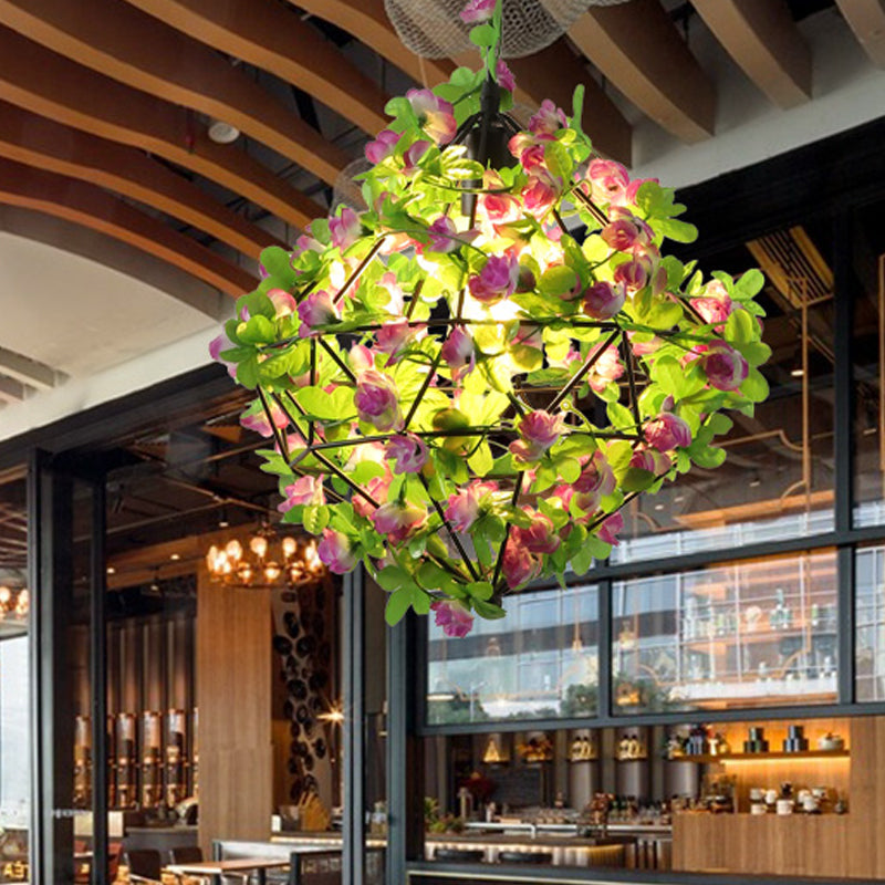 Metal Black Pendant Lighting Geometric 1-Head Industrial LED Suspension Lamp with Flower Decoration