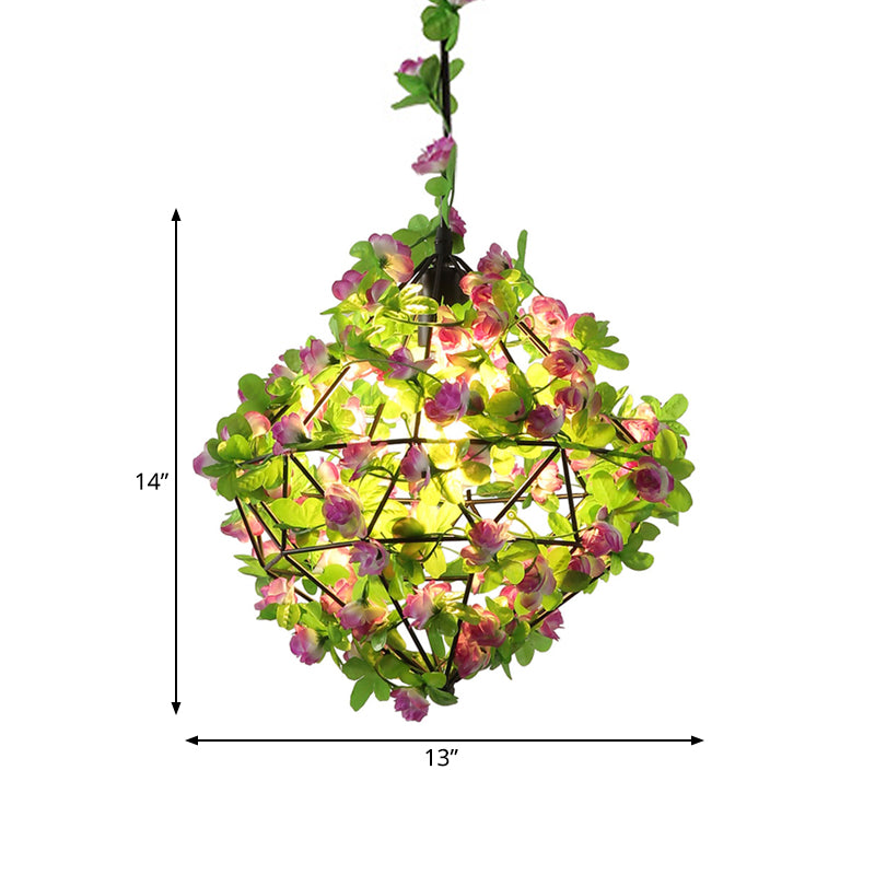 Metall Schwarze Anhänger Beleuchtung Geometrische 1-Kopf-LED-Federlampe mit Blumendekoration