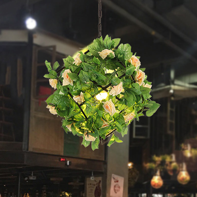 Vintage Geometric Suspension Lamp 1 Head Metal LED Pendant Light in Black with Plant and Flower