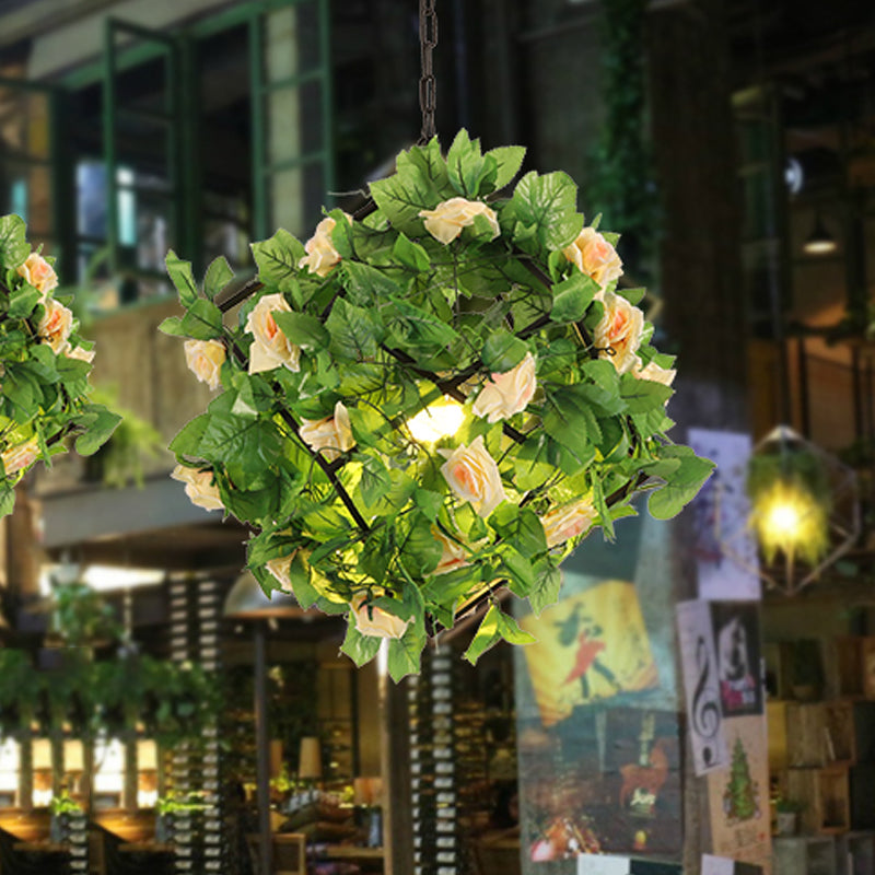 Vintage Geometric Suspension Lamp 1 Head Metal LED Pendant Light in Black with Plant and Flower