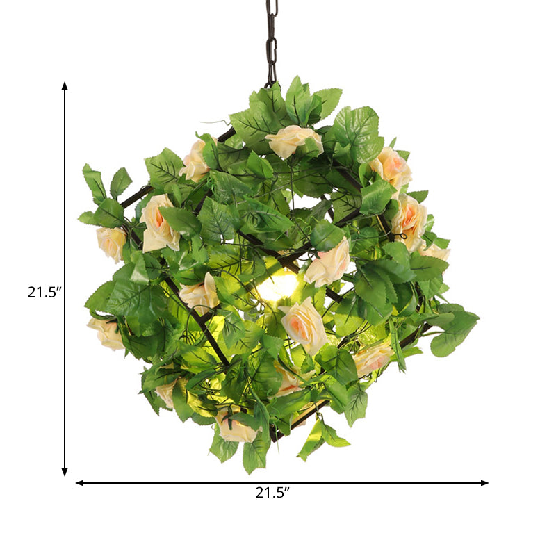 Vintage Geometric Suspension Lamp 1 Head Metal LED Pendant Light in Black with Plant and Flower