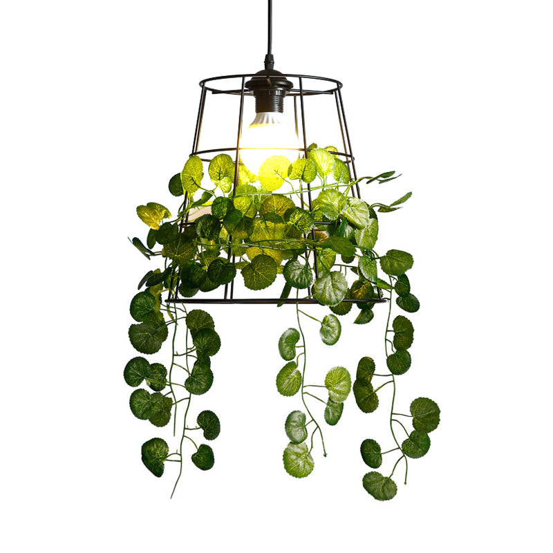 Barrel Restaurant Drop Lamp Industrial Metal 1 Head Black LED Hanging Light Fixture with Plant