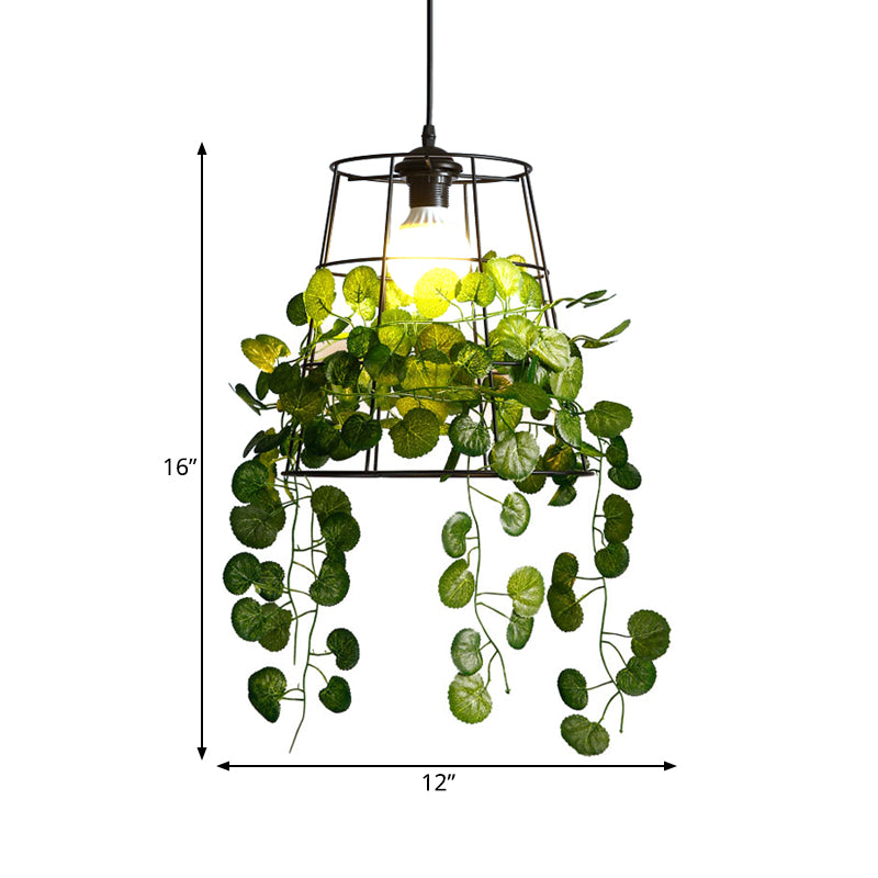 Barrel Restaurant Drop Lamp Industrial Metal 1 Head Black LED Hanging Light Fixture with Plant