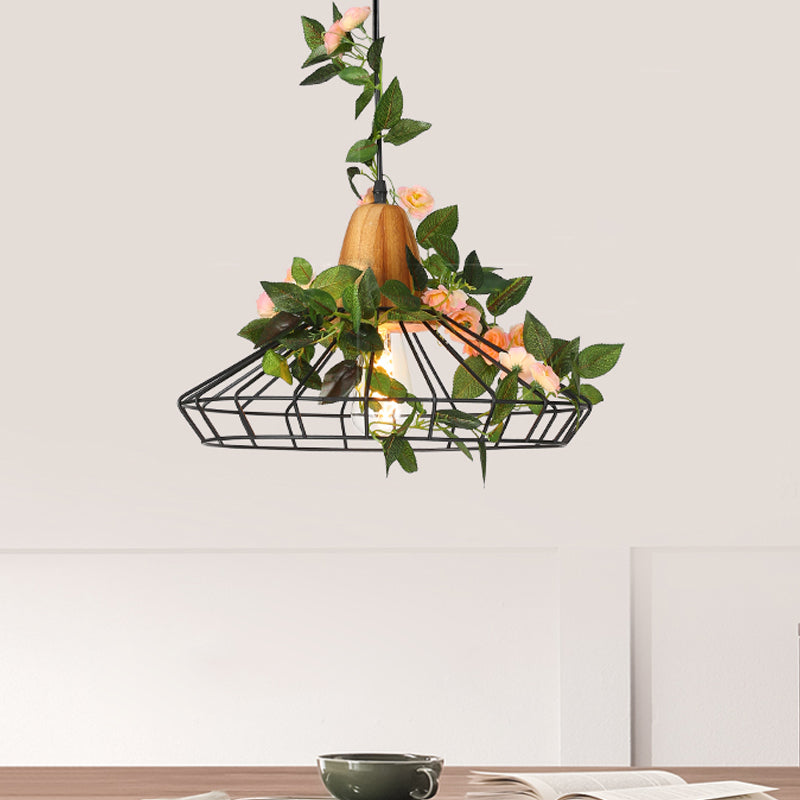 Caged Metal Drop Pendant Industrial 1-Head Kitchen Island LED Plant Suspension Light in White