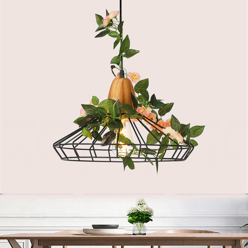 Caged Metal Drop Pendant Industrial 1-Head Kitchen Island LED Plant Suspension Light in White