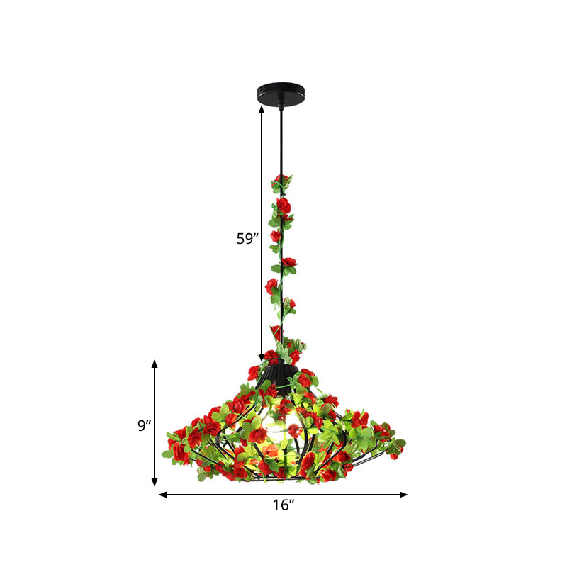 Schwarz/weißer Käfighänge -Lampe Antiquitäten Metall 1 Lampenrestaurant LED -Suspension Anhänger mit Blumendekoration