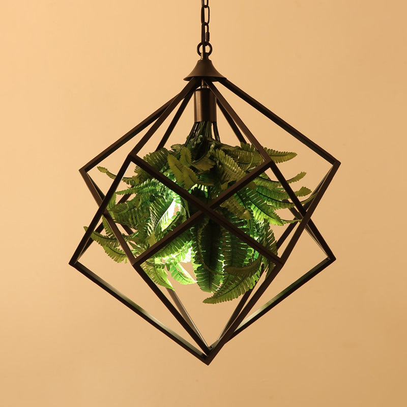 Metal Geometric Hanging Ceiling Light Retro 1 Bulb Restaurant LED Suspension Lamp in Black with Plant, 18"/21.5" Wide