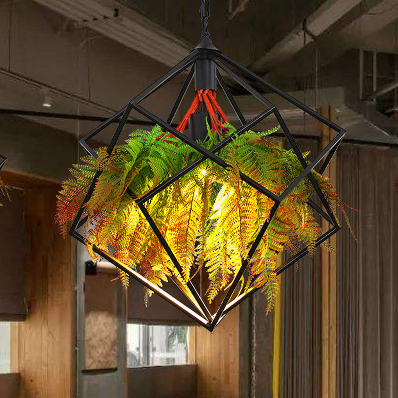 Geometric Restaurant Pendant Lighting Industrial Metal 1 Bulb Black LED Plant Hanging Light Fixture, 16"/18.5" Wide