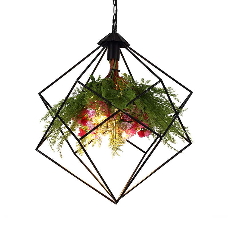 Industrial Geometric Plant Hanging Light 1 Bulb Metal LED Ceiling Suspension Lamp in Black, 16"/19.5"/23.5" Wide